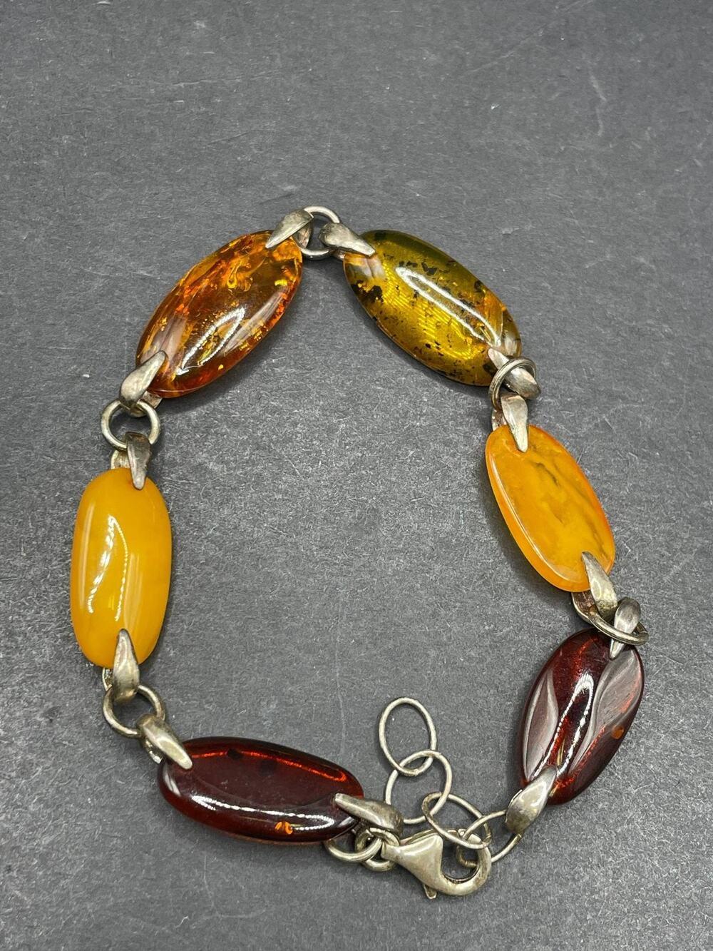 925 Sterling Silver Multi-Color Amber Oval Link Bracelet Vintage Style